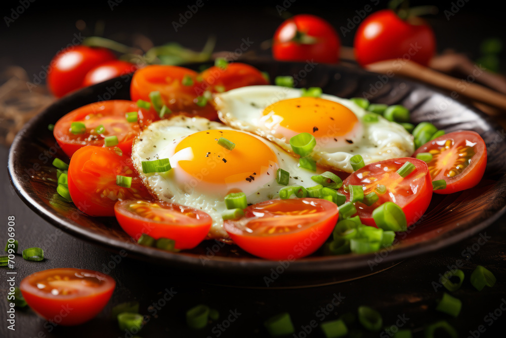 scrambled eggs with red tomatoes and fresh green onions. close-up. food made from chicken eggs and vegetables. cooking at home. scrambled eggs with red tomatoes and fresh green onions. close-up. food made from chicken eggs and vegetables. cooking at home.