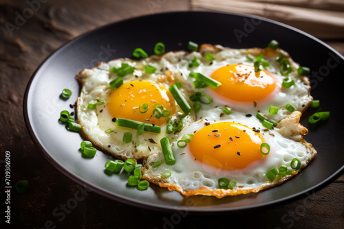 fried eggs with fresh green onions. close-up. chicken egg meal  protein-rich breakfast. cooking at home.