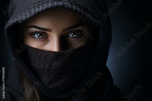 The girl in the hat and scarf covered her face, leaving only her eyes. portrait. protection from the cold.