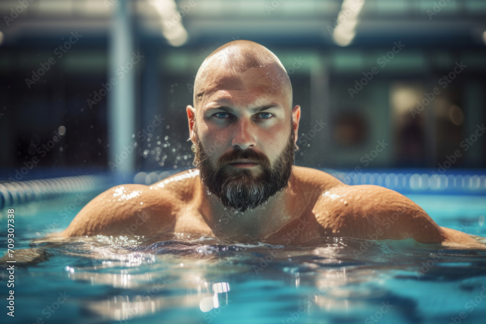 A bearded mature man is swimming in the pool. water sports, useful water treatments, physical education.