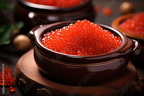 red salmon caviar in a clay bowl in close-up on the table.