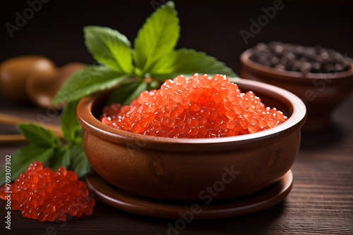 red salmon caviar in a clay bowl in close-up on the table.
