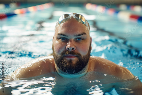 A bearded mature man is swimming in the pool wearing swimming goggles. water sports, water treatments. © MaskaRad