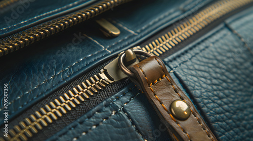 Closeup of Leather Suitcase with Zipper Detail Texture and Craftsmanship Concept photo