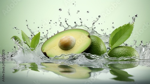 Avocado and citrus fruit splashing in water. Skin care concept with natural cosmetics ingredients photo