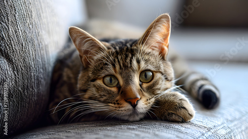 Tabby Cat Relaxing on Grey Sofa Comfortable Domestic Feline Closeup © John