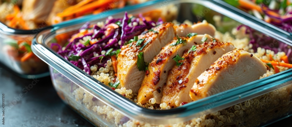 Meal prep containers for nutritious quinoa, chicken, and cole slaw.