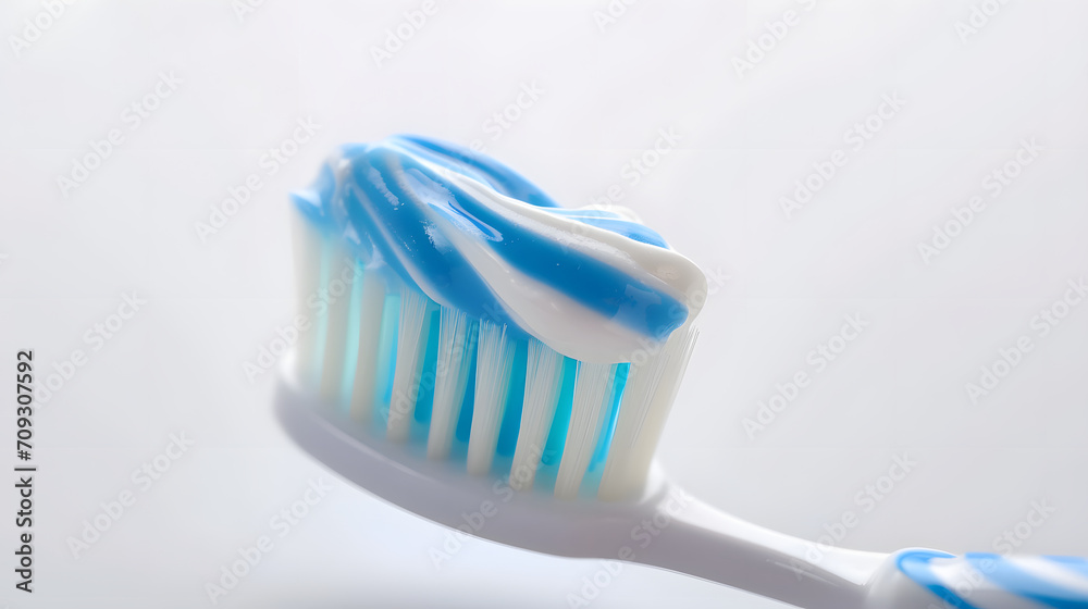 Closeup of Toothbrush with Blue and White Toothpaste on White Background Closeup of Toothbrush with Blue and White Toothpaste on White Background