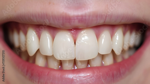 Close-up of Dental Ceramic Crowns and Veneers in Mouth Healthy Teeth Restoration Concept