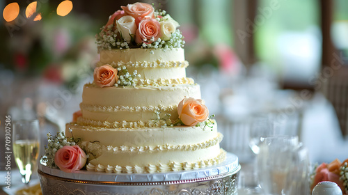 Elegant Tiered Wedding Cake with Floral Accents and Romantic Ambiance