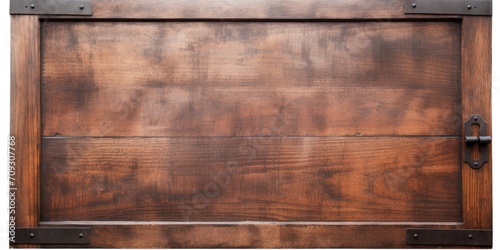 Closeup of a vintage wooden barn door with a metal handle isolated on a white background.
