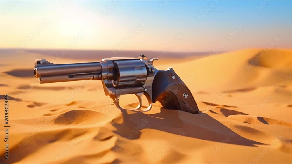 Revolver gun in desert buried in sand slow cinematic motion background wallpaper 