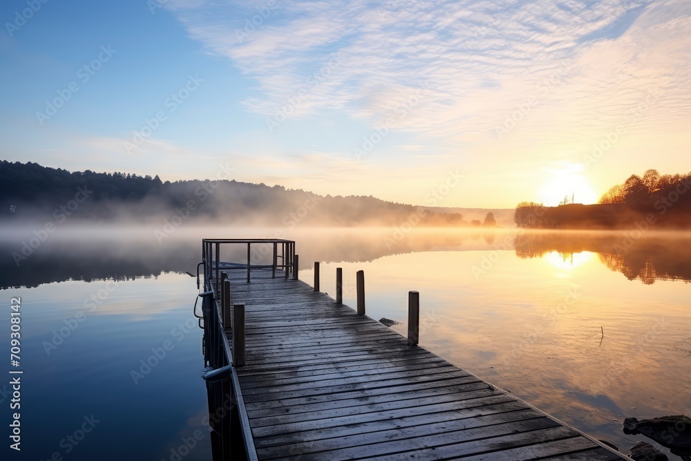 A serene lake scene at sunrise, with a wooden jetty leading out onto still water that reflects the orange glow of the sun and the blue sky with wispy clouds