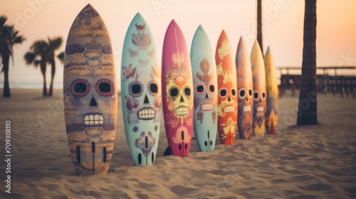 Surfboards with Face Pattern. Surfboards on the beach. Vacation concept. Surfboards on the beach at sunset - vintage effect style pictures. 