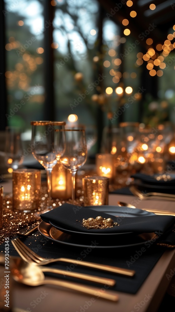 Closeup wedding table decoration in black gold only, black plates, golden forks and knives, Champagne glasses with golden stripes, fancy details, dark ambient, black walls, transparent chairs, view ov