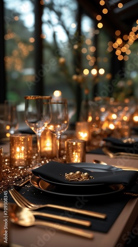 Closeup wedding table decoration in black gold only, black plates, golden forks and knives, Champagne glasses with golden stripes, fancy details, dark ambient, black walls, transparent chairs, view ov