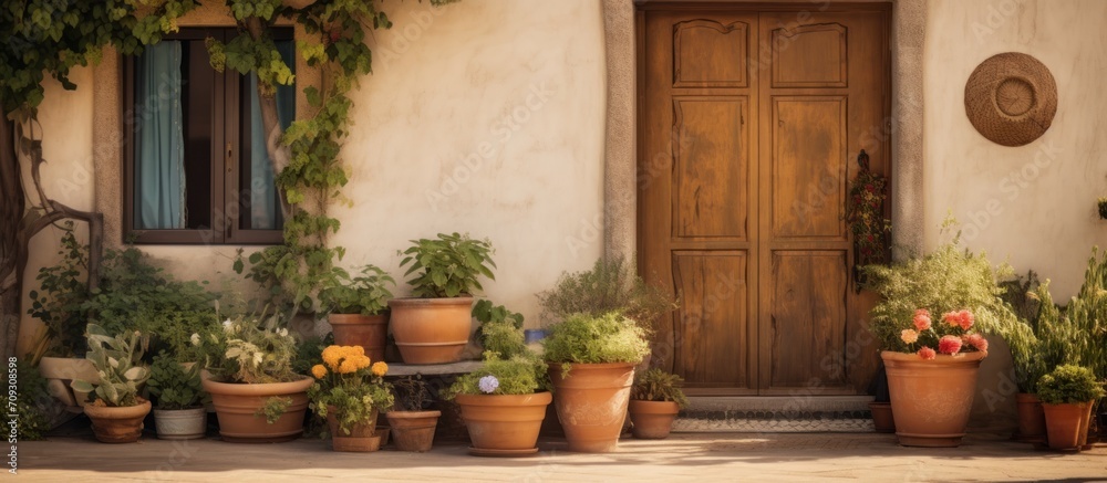wooden entry door and a potted plant