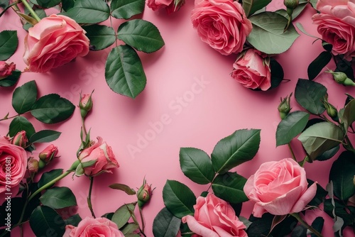 Rose flower frame on pink background.