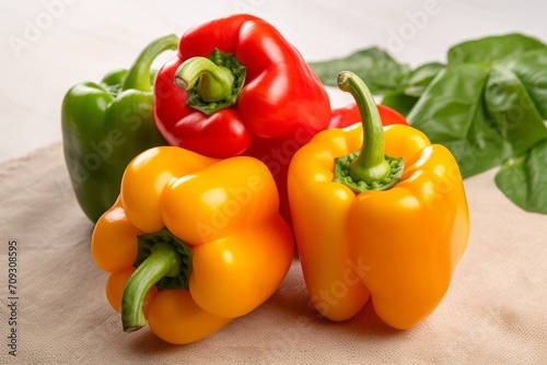 a bunch of yellow and red bell peppers on a white background with a shadow. isolated vegetables.