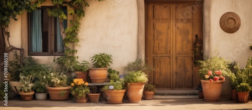 wooden entry door and a potted plant © pector
