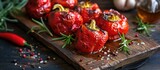 Roasted red bell peppers on a wooden board, rustically displayed.