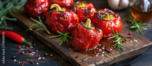 Roasted red bell peppers on a wooden board, rustically displayed. photo