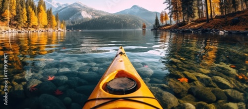 pov we ride the kayak on lake © pector