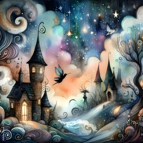 watercolor background with a whimsical and fairytale-like theme, perfect for children's book illustrations or magical storytelling
