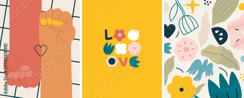 Valentines day cards set - modern flat vector concept illustrations of couples celebrating their love, greeting card design, floral environment. Metaphor of unity, affection, love, connection, growth