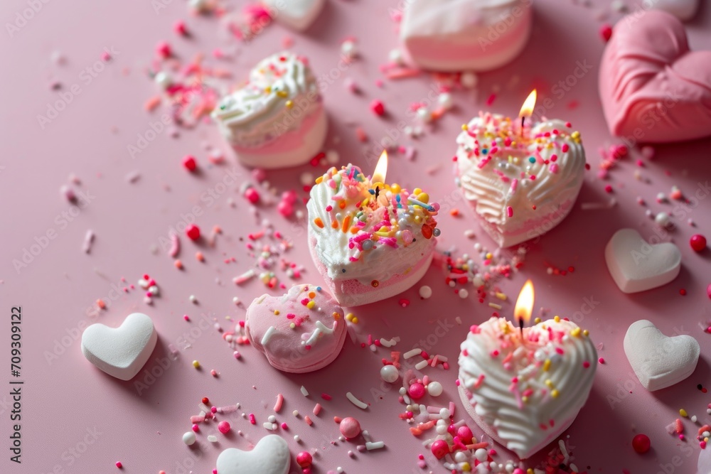 Valentine's Day Heart-shaped marshmallow candles on pink background. Valentine's Day Heart-shaped marshmallow candles on pink background.