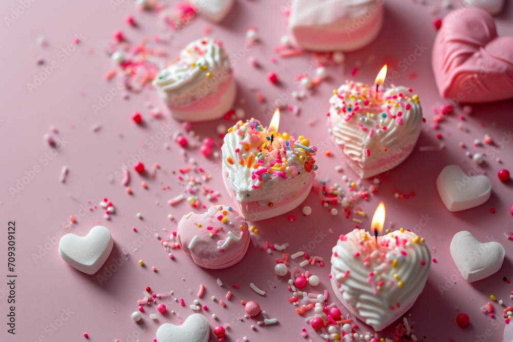 Valentine's Day Heart-shaped marshmallow candles on pink background.