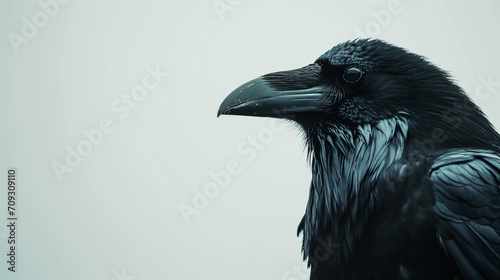 Close up portrait of black raven isolate on a white background. A black crown is sitting, png. photo