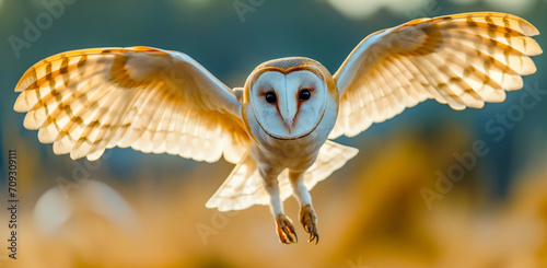 Hunting Barn Owl in flight. Flying bird tyto alba. Wildlife scene at sunset. 
 photo
