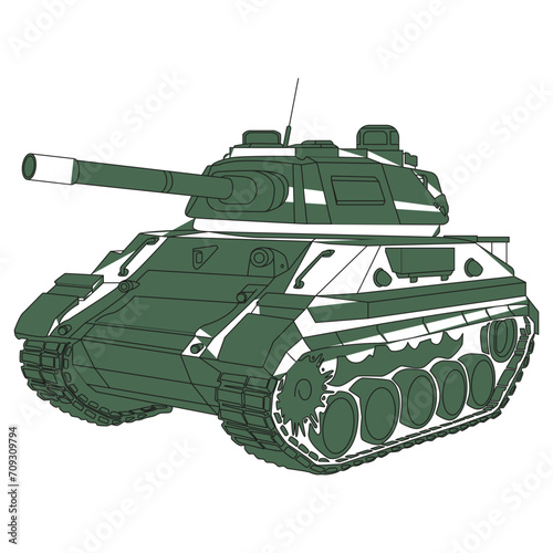 Main battle tank black doodle. Armored fighting vehicle. Special military transport. Detailed vector illustration isolated on white background.