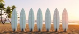 Blank White Mockup of Surfboards on the beach. Mockup. Editable Template. Surfboards on the beach. Vacation Concept.	