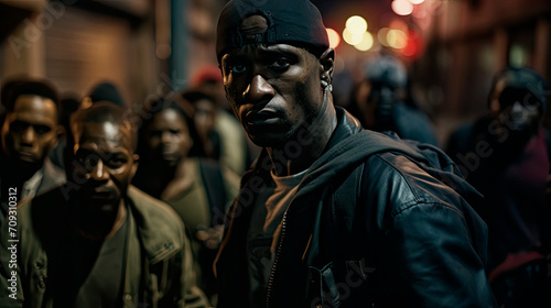 Urban Grit: Nighttime Street Portrait of a Bold Individual Amidst Blurred Street Gang