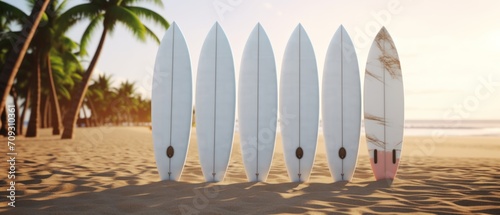 Blank White Mockup of Surfboards on the beach. Mockup. Editable Template. Surfboards on the beach. Vacation Concept.  © John Martin