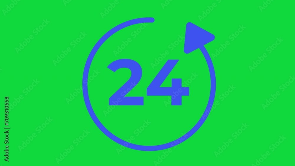 The open 24-hour icon animation on a green screen. 24-hour icon animation with key color. The open 24-hour icon animation on a green screen. 24-hour icon animation with key color.