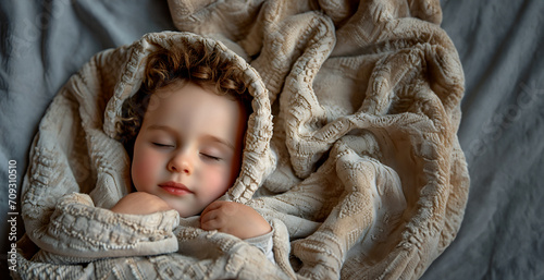 Curly-haired small child around 1 year old sleeps, wrapped in a blanket. Cute baby dreams peacefully, safety, comfort, and silence. Baby fell asleep, rosy-cheeked, after a refreshing bath.