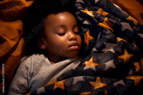 Portrait of a black curly-haired infant, around 1 year old, sleeping wrapped in a blanket. Cute baby dreams peacefully, safety, comfort, and silence.