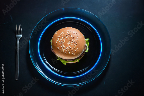 Cheeseburger mit Neonakzenten und Gabel auf dunklem Tisch photo