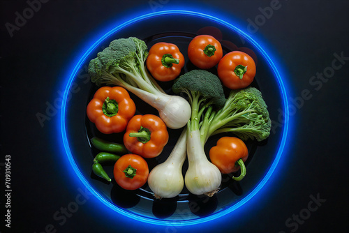 Sortiment frischer Gemüse auf neonbeleuchtetem Teller photo