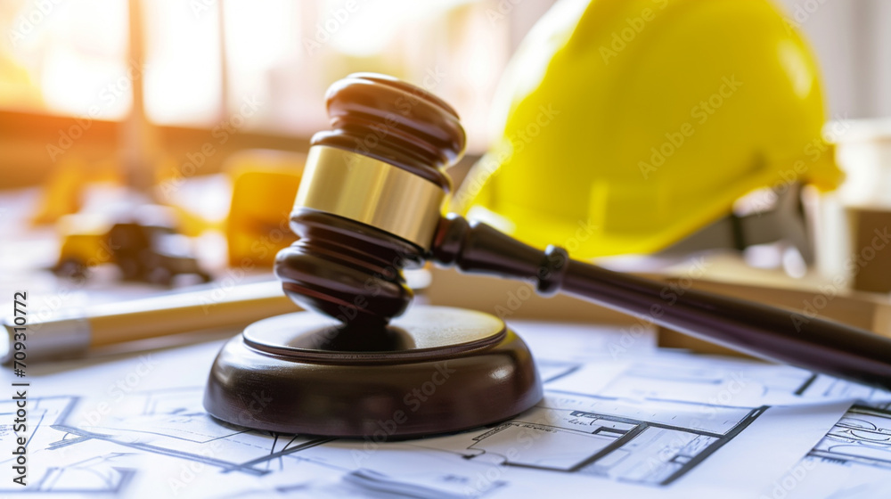 Workers Bill of Rights and Judge's Gavel, Worker Safety, Yellow hard safety helmet hat, business concept - obrazy, fototapety, plakaty 