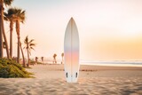 Surfboard on the beach with palm trees and sunset in background. Mockup. Editable Template. Surfboards on the beach. Vacation Concept.	