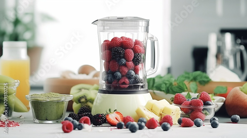 Ingredients for smoothie fresh fruits and vegetables with modern automatically mixer or blender on white kitchen table for making smoothie and juice. healthy eating concept