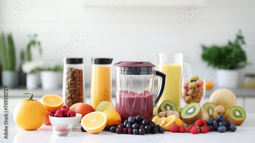 Ingredients for smoothie fresh fruits and vegetables with modern automatically mixer or blender on white kitchen table for making smoothie and juice. healthy eating concept photo
