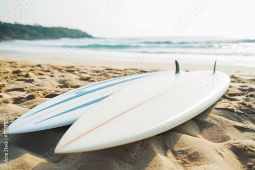 Surfboard on the beach with sea in the background, vintage tone. Mockup. Editable Template. Surfboards on the beach. Vacation Concept.	
