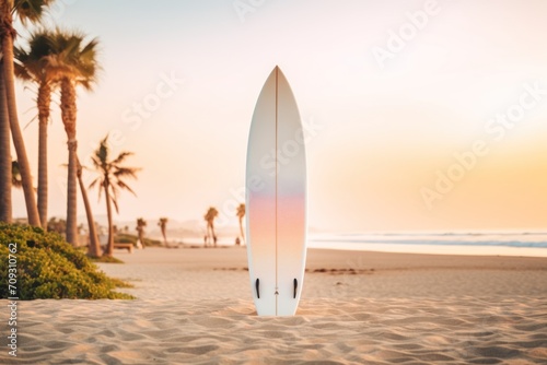 Surfboard on the beach with palm trees and sunset in background. Mockup. Editable Template. Surfboards on the beach. Vacation Concept.  © John Martin