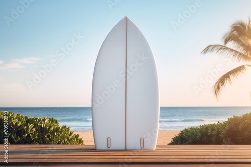 Blank White Mockup of Surfboard on the beach. Mockup. Editable Template. Surfboards on the beach. Vacation Concept.	
