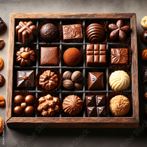 Chocolate bonbons, sweets, cakes arranged in boxes